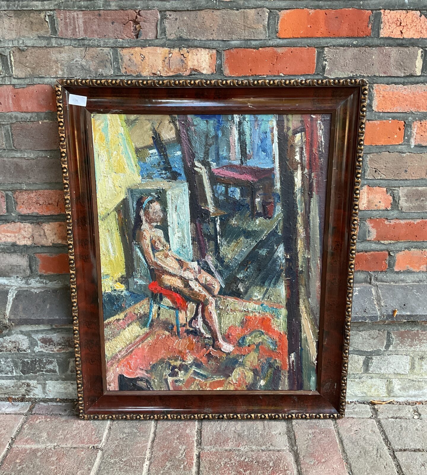 20th century impressionist oil painting of a seated nude female