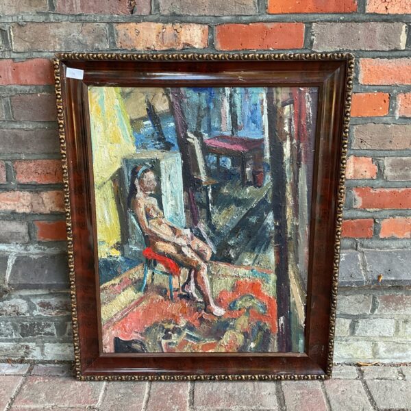 20th century impressionist oil painting of a seated nude female