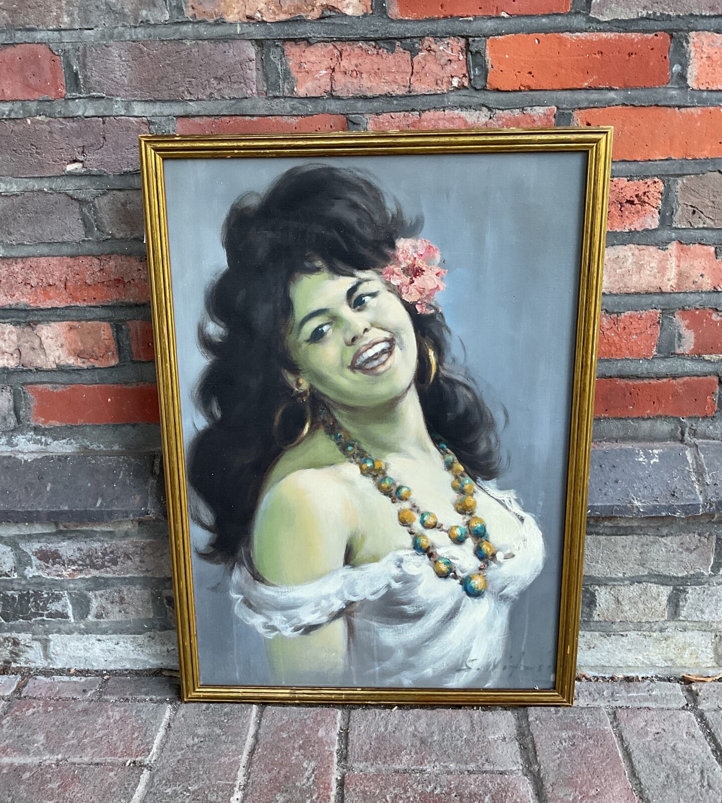 oil on canvas signed artwork of a 1960s spanish lady