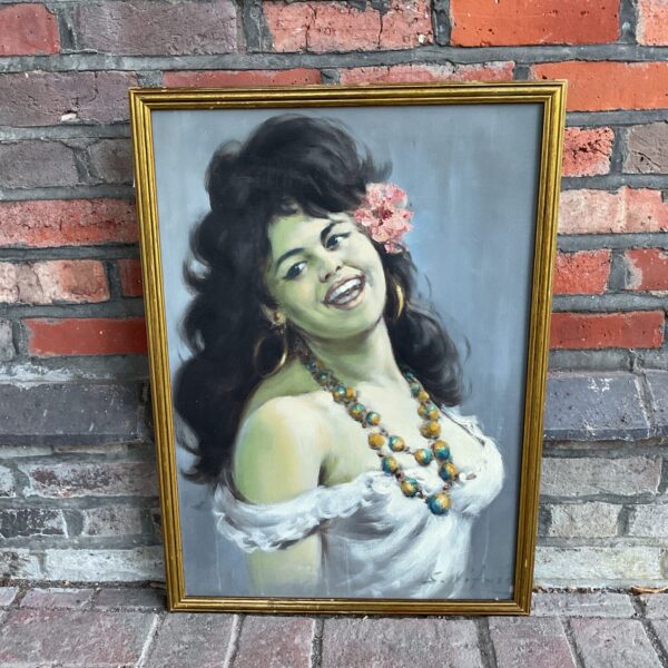 oil on canvas signed artwork of a 1960s spanish lady