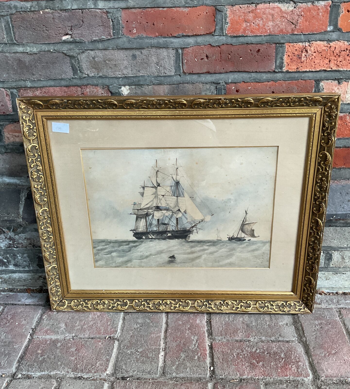 19th century nautical watercolour of steam & wind warship on the high seas