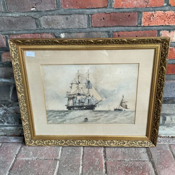 19th century nautical watercolour of steam & wind warship on the high seas