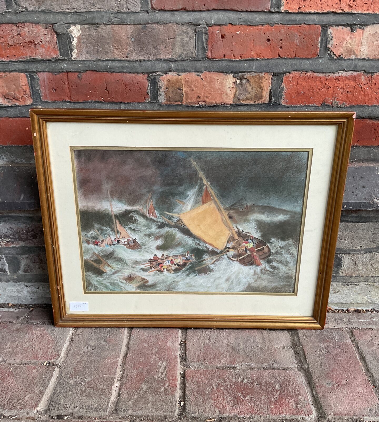 antique pastel nautical scene of boats in rough seas