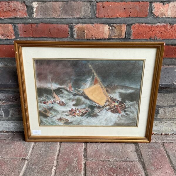 antique pastel nautical scene of boats in rough seas