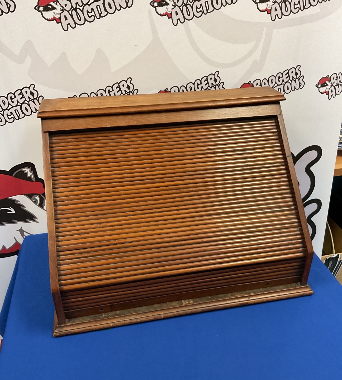 Vintage tambour front desktop stationary cabinet