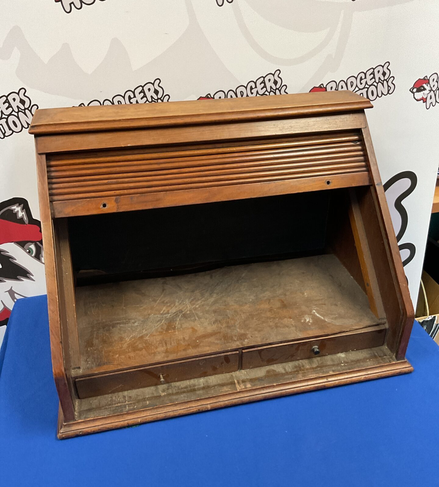 Vintage tambour front desktop stationary cabinet - Image 2