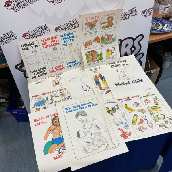 Group of vintage South Pacific educational posters depicting health and nutrition.