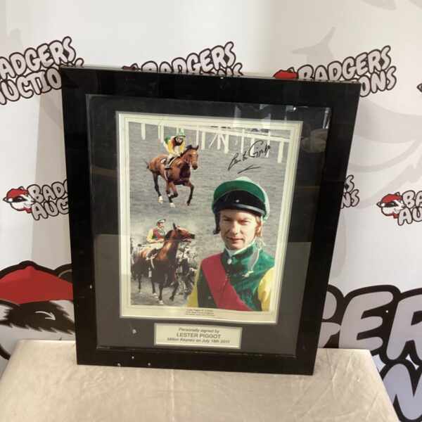 Framed signed Lester Piggott photograph with Nijinski, horse racing memorabilia.