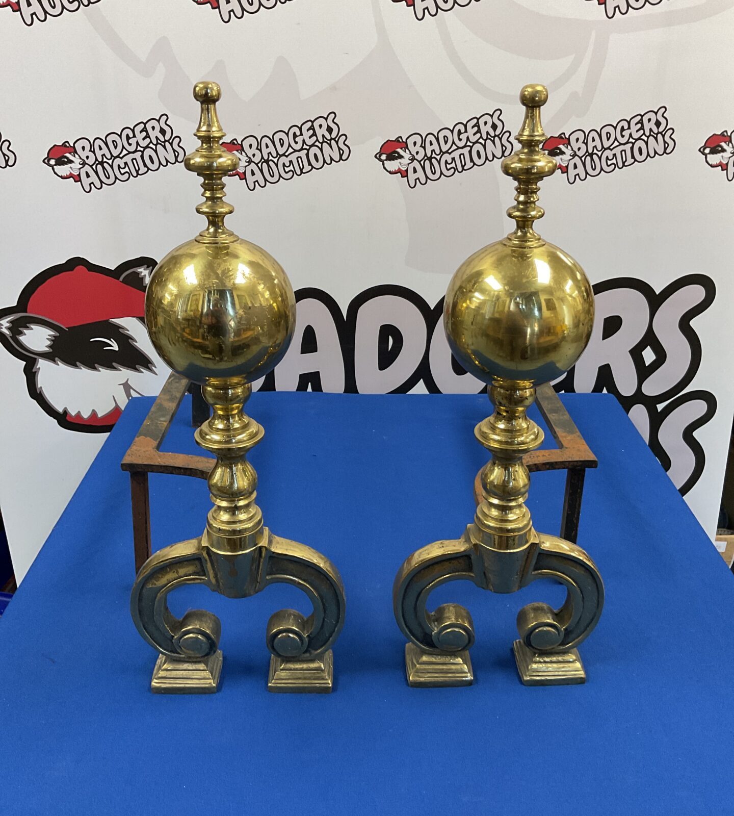 Large heavy brass & wrought iron fire dogs