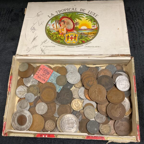 Vintage cigar box filled with assorted coins, a collectible currency lot.