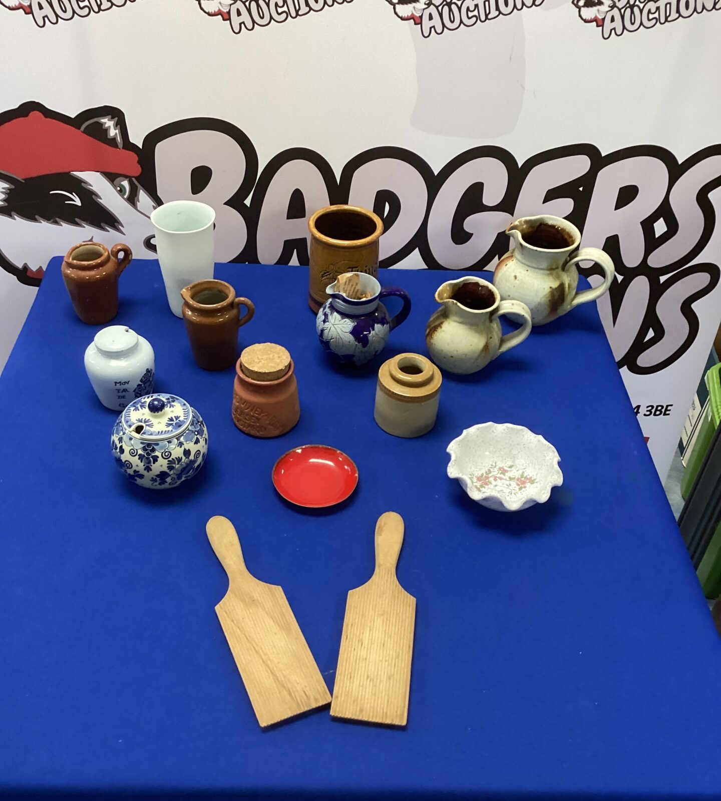 Selection of mixed pottery and other items inc handmade Jugs