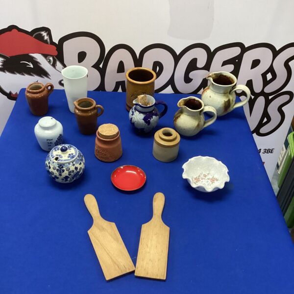 Selection of mixed pottery and other items inc handmade Jugs
