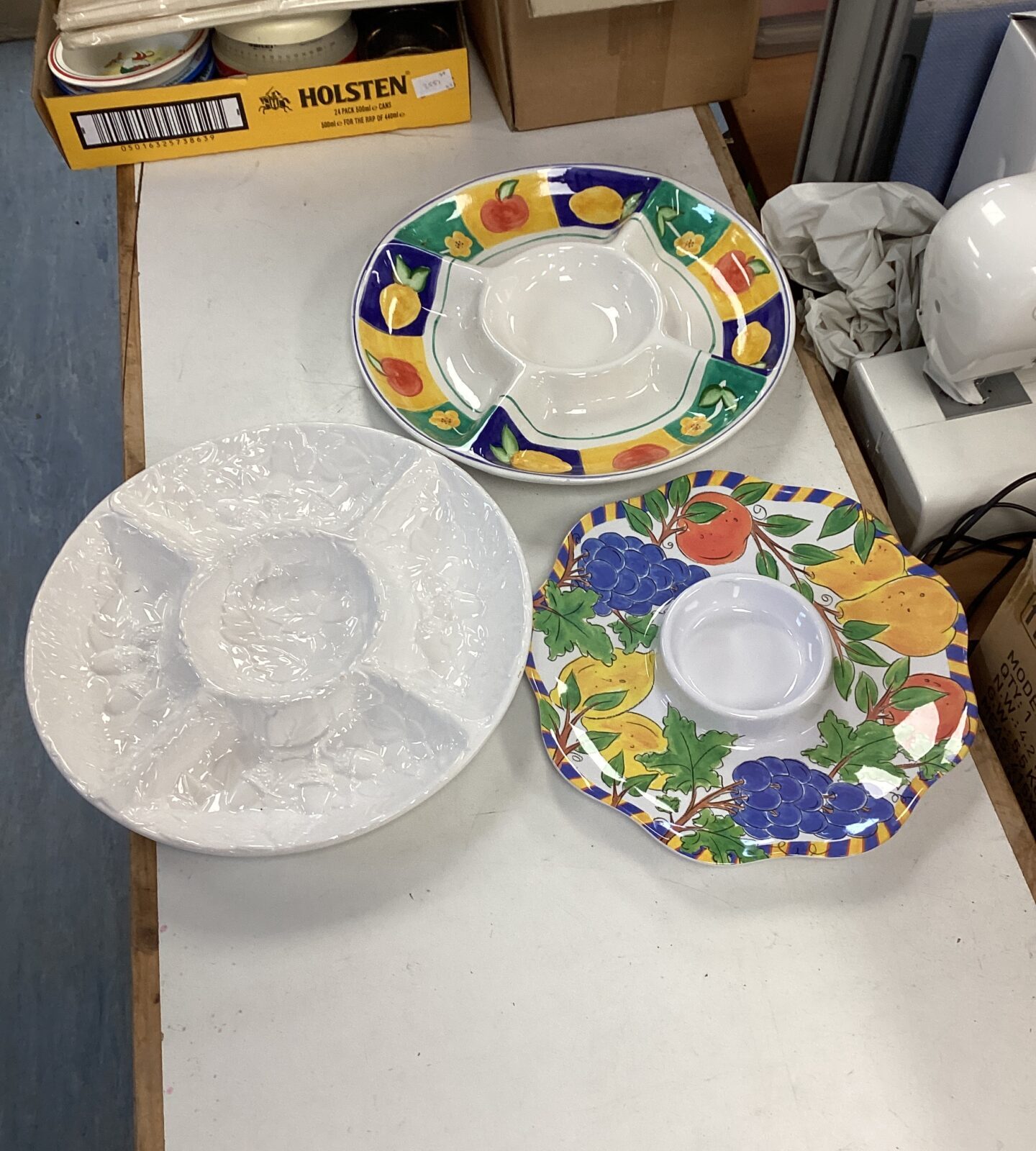 Three assorted serving dishes inc A Santos & Trudeau (Trudeau bottom right is plastic)