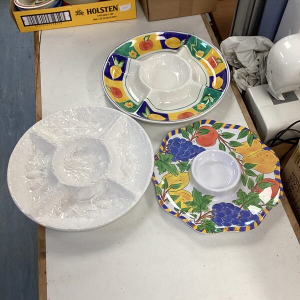 Three assorted serving dishes inc A Santos & Trudeau (Trudeau bottom right is plastic)