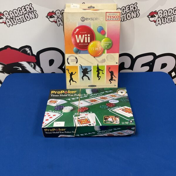 Vintage poker set and Wii accessory pack, collectible gaming bundle.
