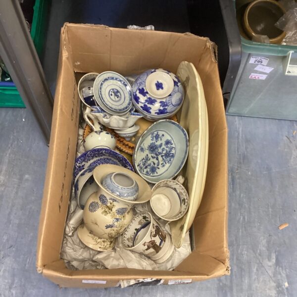 Mixed lot of antique blue and white china with a meat plate.