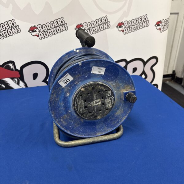 Blue Masterplug 50m extension reel for garden and workshop use.