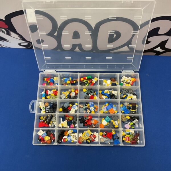 Assorted Lego minifigure lot in clear storage container.