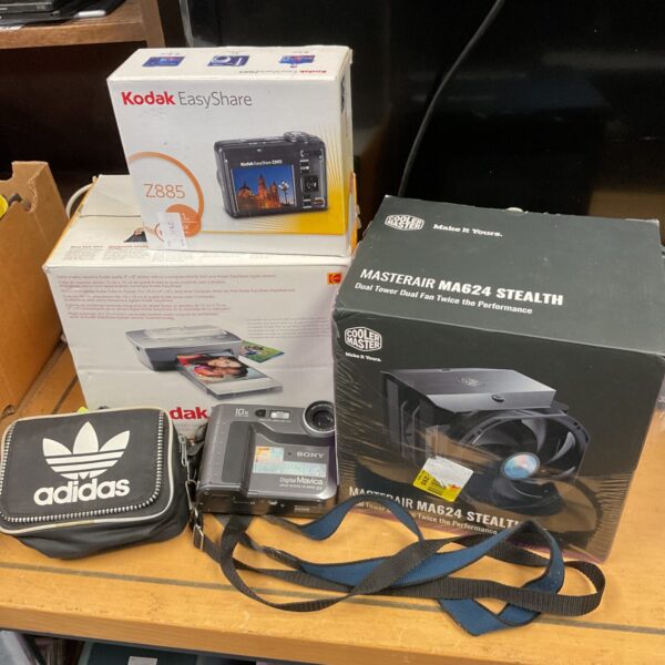 Sony mavica & kodak z885 digital cameras with cooler master power supply & adidas bag of floppy disks