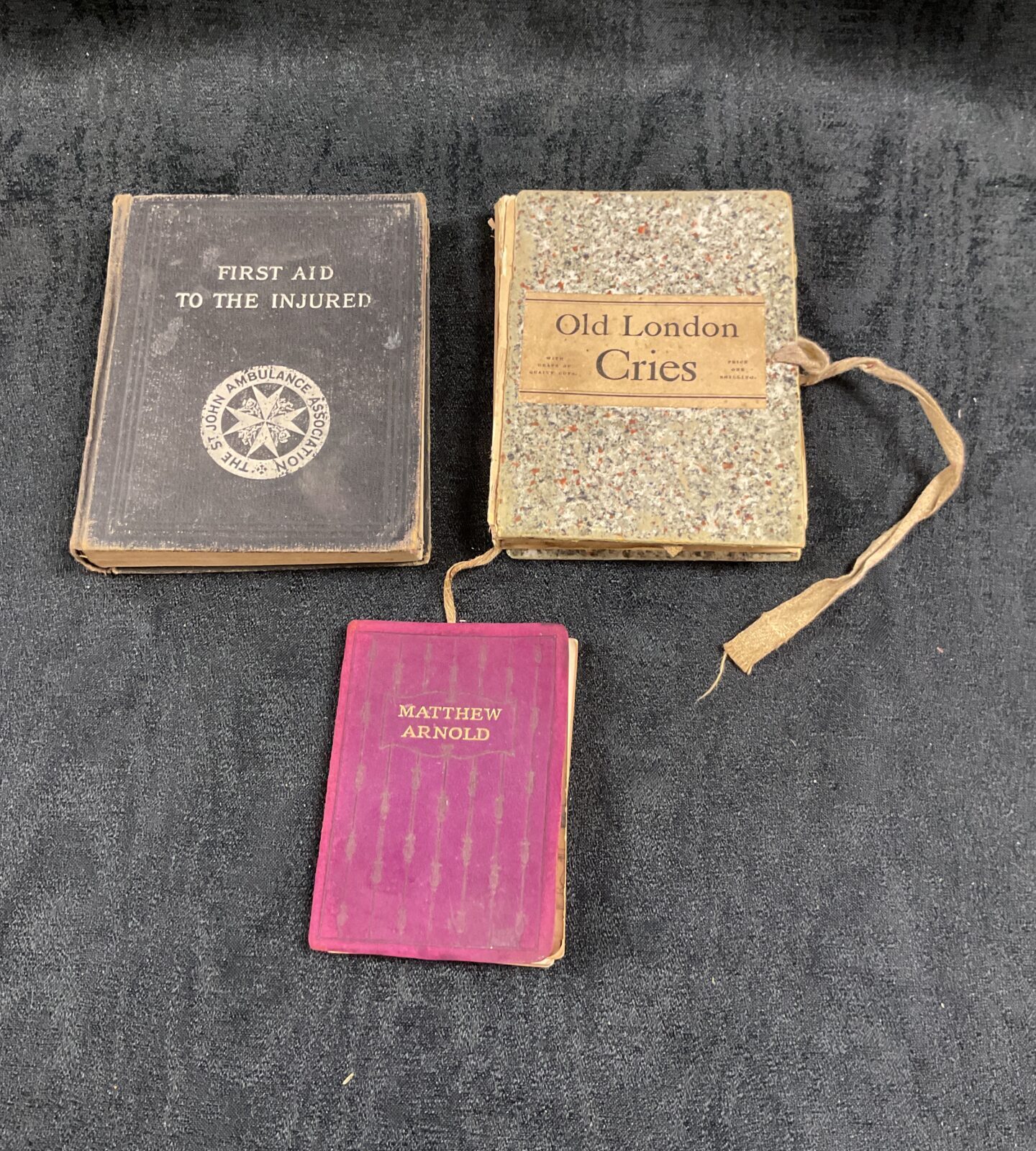 Three vintage books mathew Arnold, old London cries and first aid to the injured