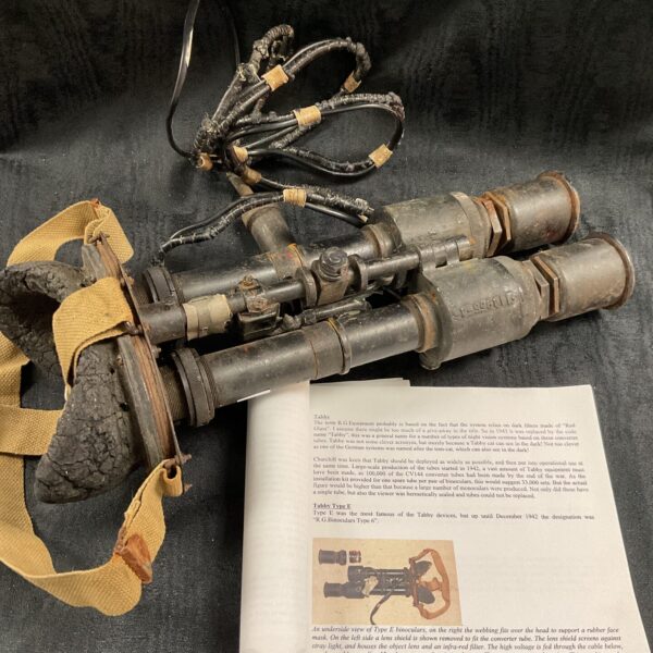 Front view of WW2 British Tabby Type E night vision binoculars.