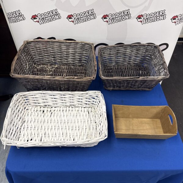 Vintage wicker baskets and wooden tray for farmhouse decor and storage.