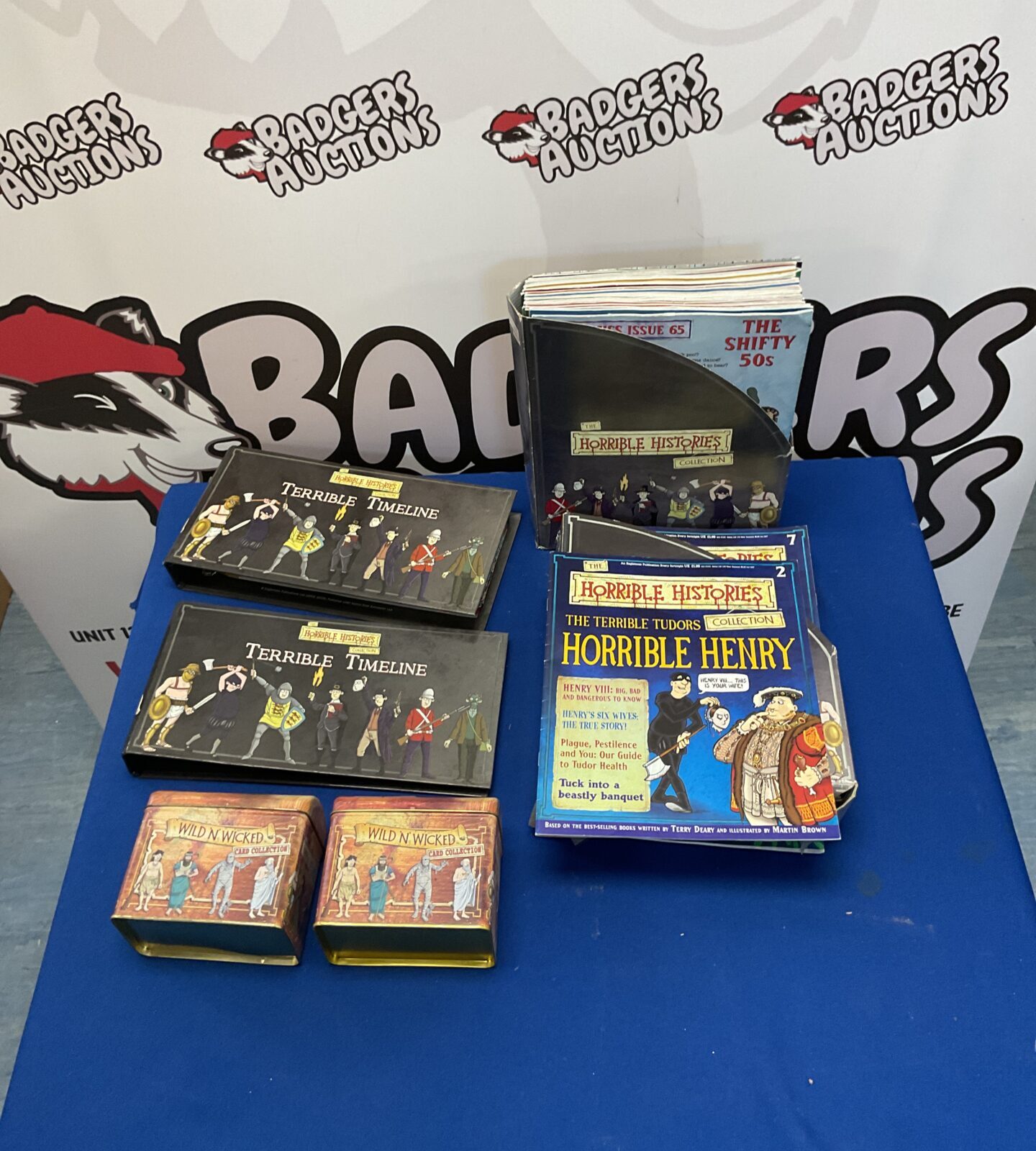 Collection of horrible histories items, incl. card collection, magazines, terrible timelines