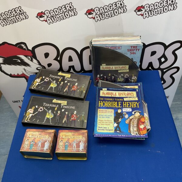 Collection of horrible histories items, incl. card collection, magazines, terrible timelines