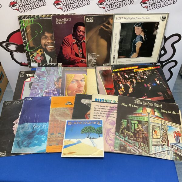 Overview of a vinyl record lot including Bob Marley and Bizet.