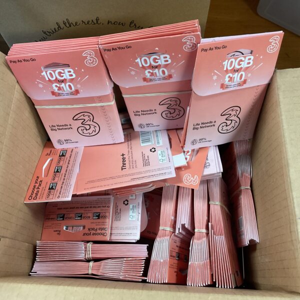 Bulk lot of 3 Mobile Pay As You Go SIM cards with 10GB data.