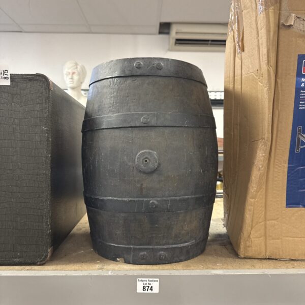 Fibreglass barrel replica, 16 inches long, decorative garden ornament.
