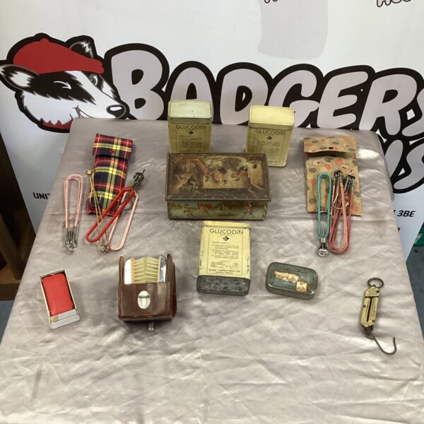 Selection of vintage items inc Grooming Kit and travel Clothes hangers