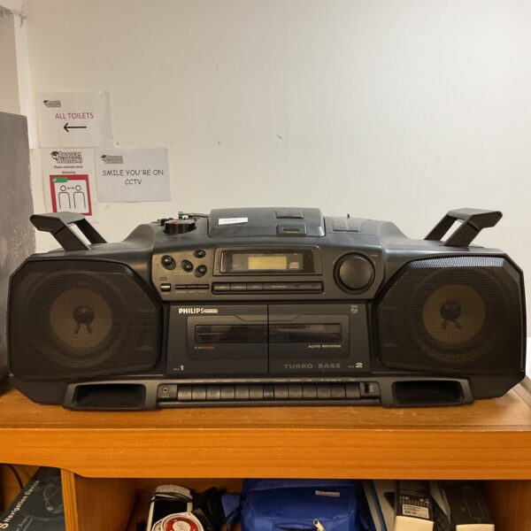 Vintage Philips boombox with cassette and CD player.