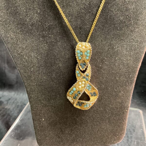 Antique Italian seed Pearl and Jade ribbon pendant 16” necklace
