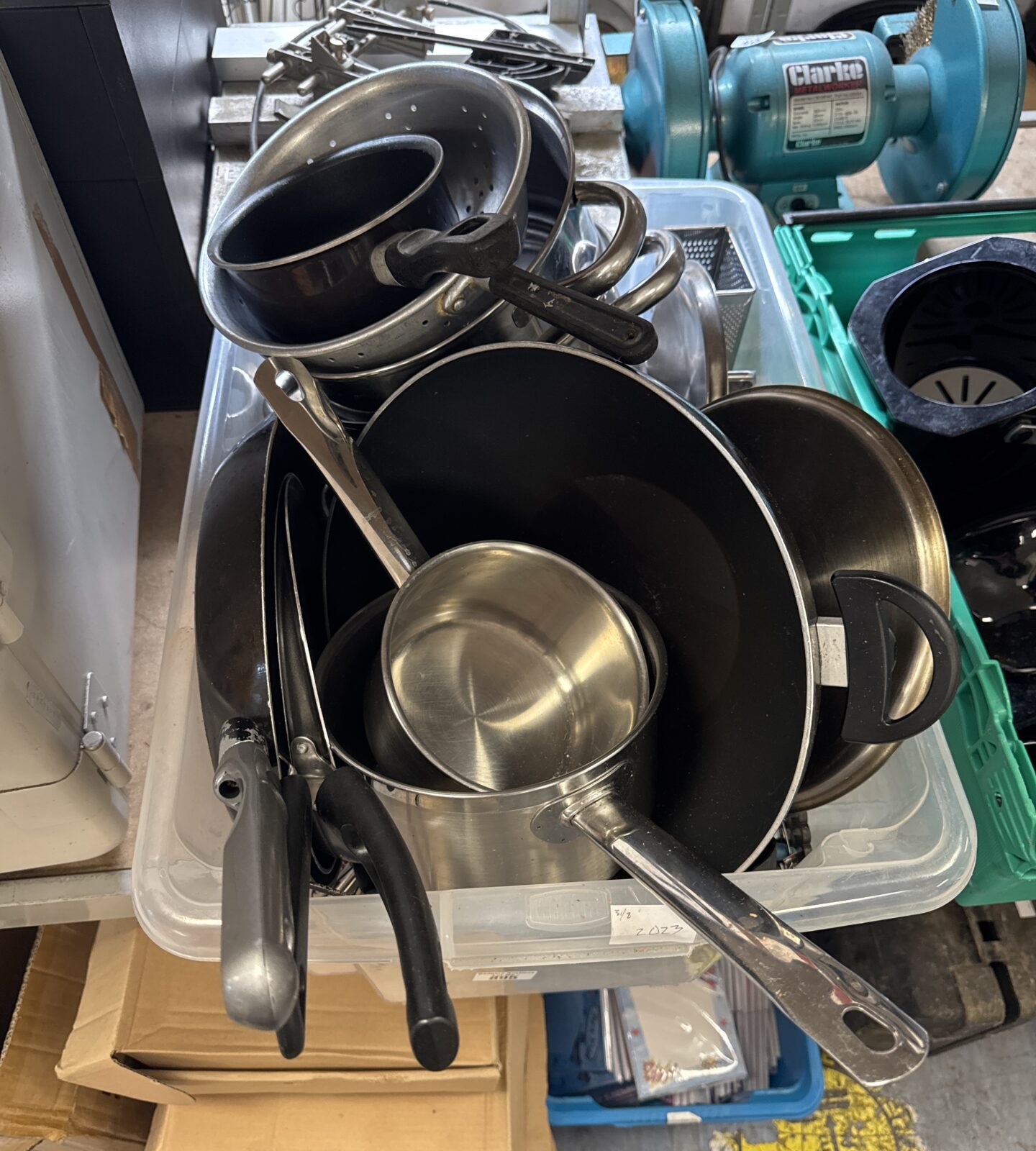 Box of assorted cooking pans