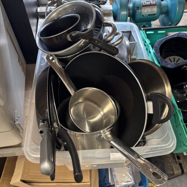 Box of assorted cooking pans