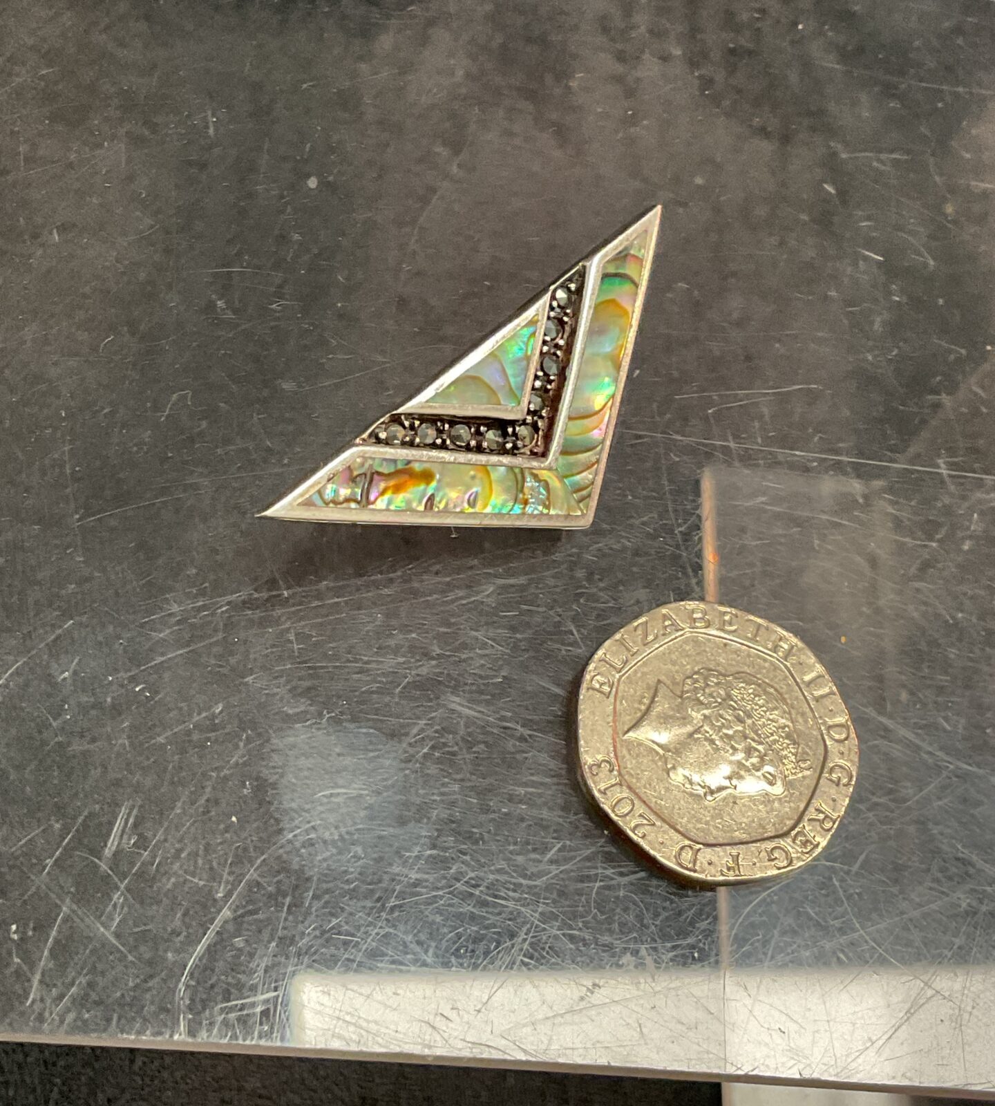 925 Silver Art deco style brooch with abalone inlay