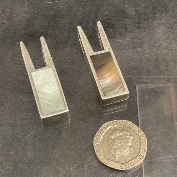 Two hallmarked 925 silver Rectangular pendants set with mother of pearl on one face and abalone on other