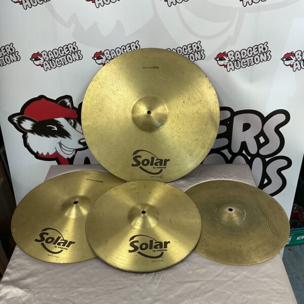 Sabian Solar cymbal set including crash and ride cymbals.