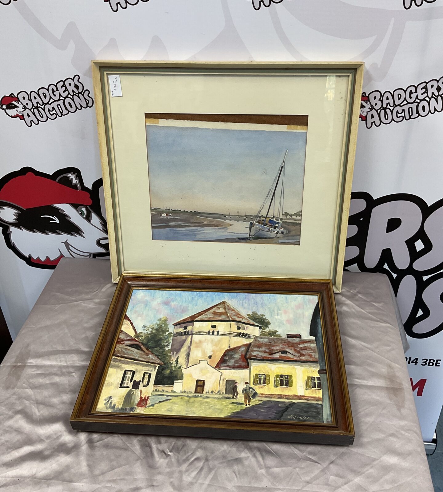 Widmaler signed oil painting of a dutch village & watercolour of boats in dock