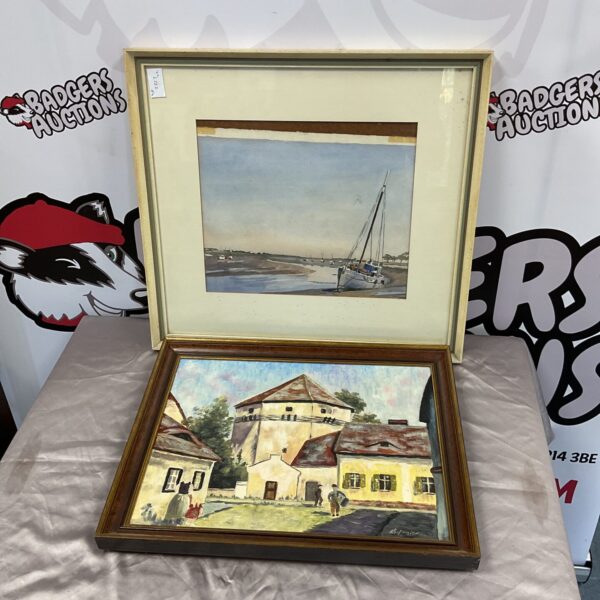 Widmaler signed oil painting of a dutch village & watercolour of boats in dock