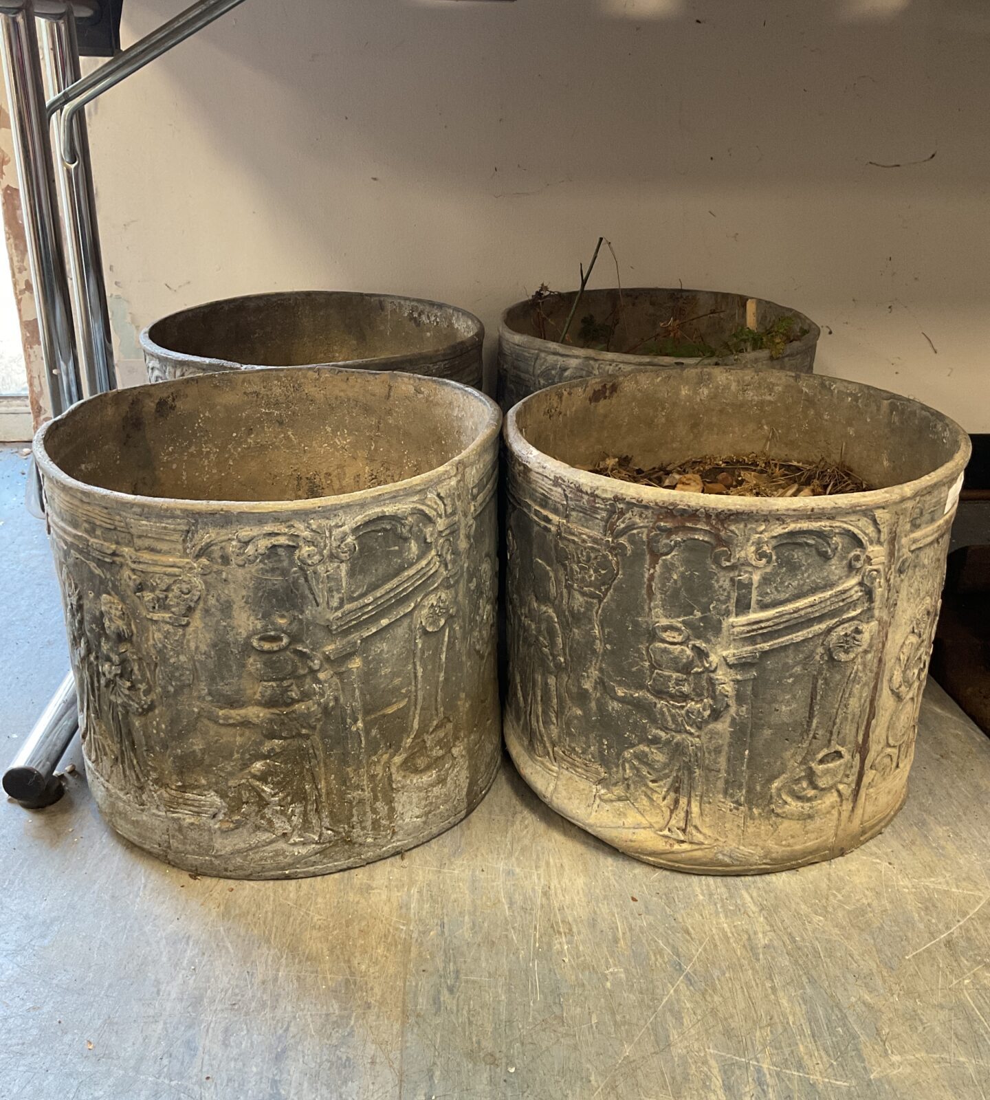 Set of four Victorian lead tavern scene planters 15” x 13”