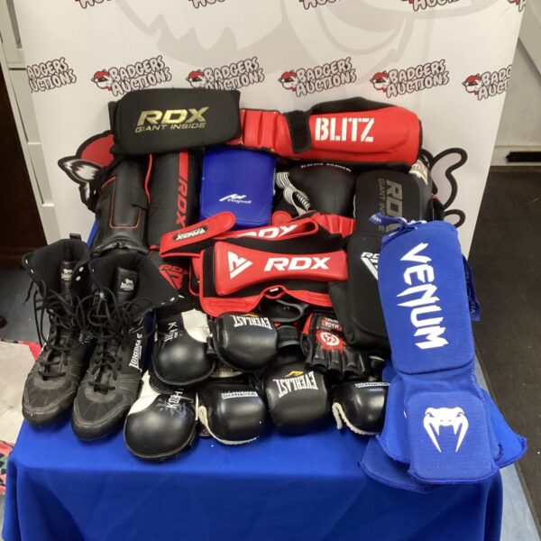 RDX martial arts training equipment lot including boxing gloves and punch bag.