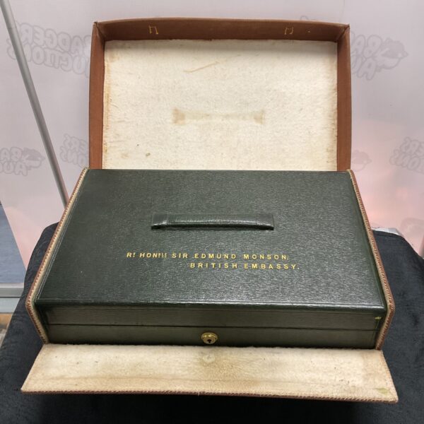 Antique British Embassy diplomatic box, green leather exterior.