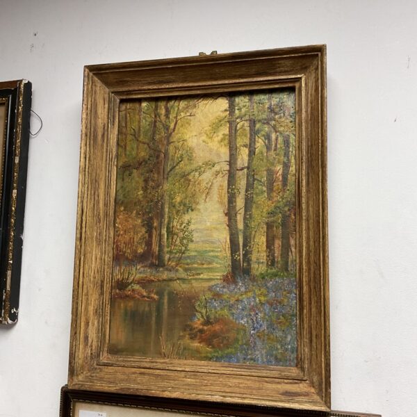 Antique woodland river oil painting on board with a detailed landscape.