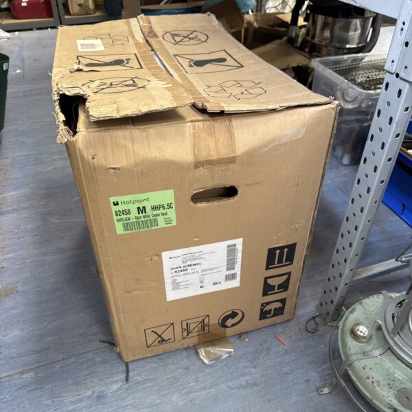 New Hotpoint HHP6.5CM 60cm white cooker hood still in its original packaging.