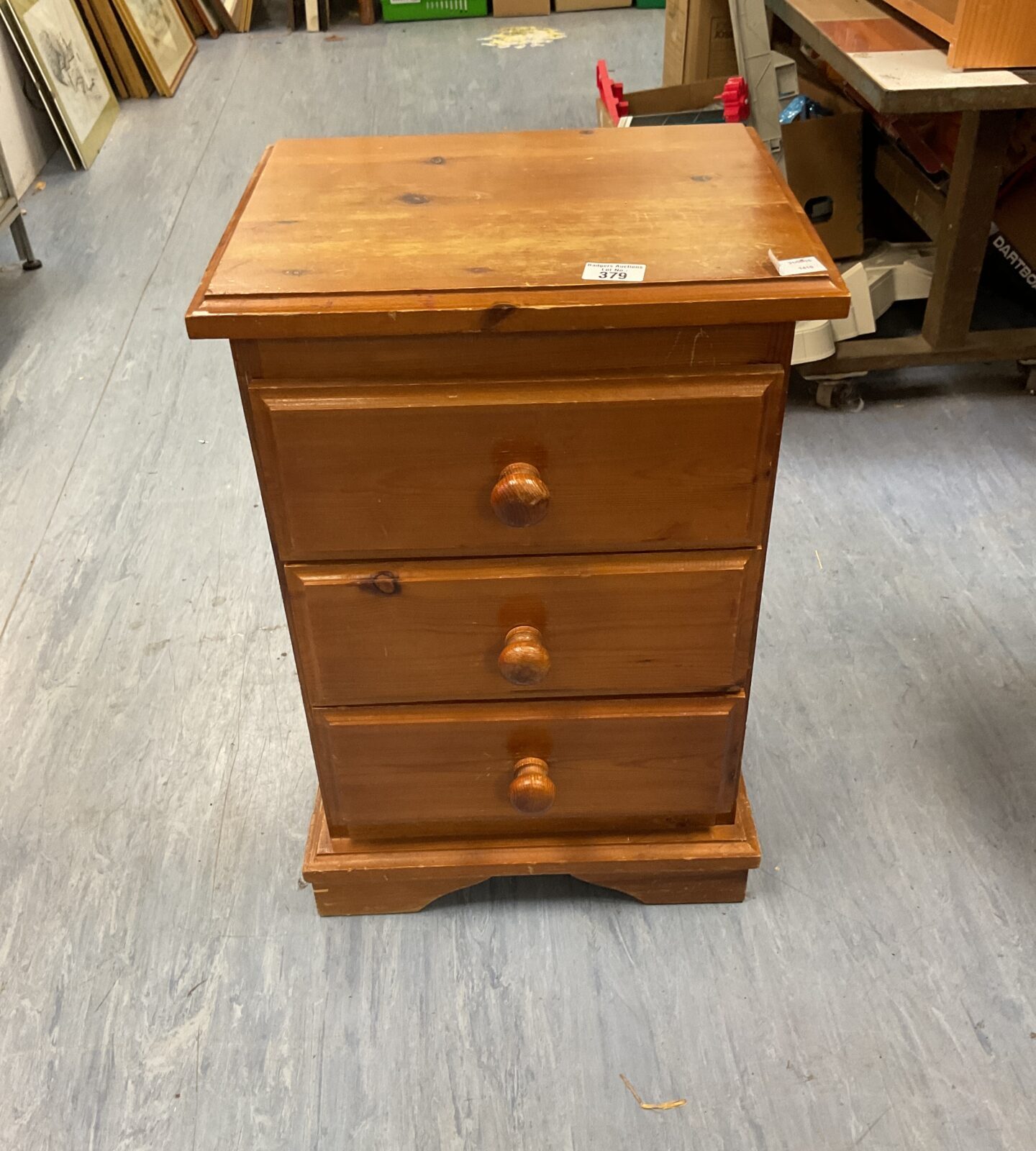 Pine bedside cabinet with three drawers