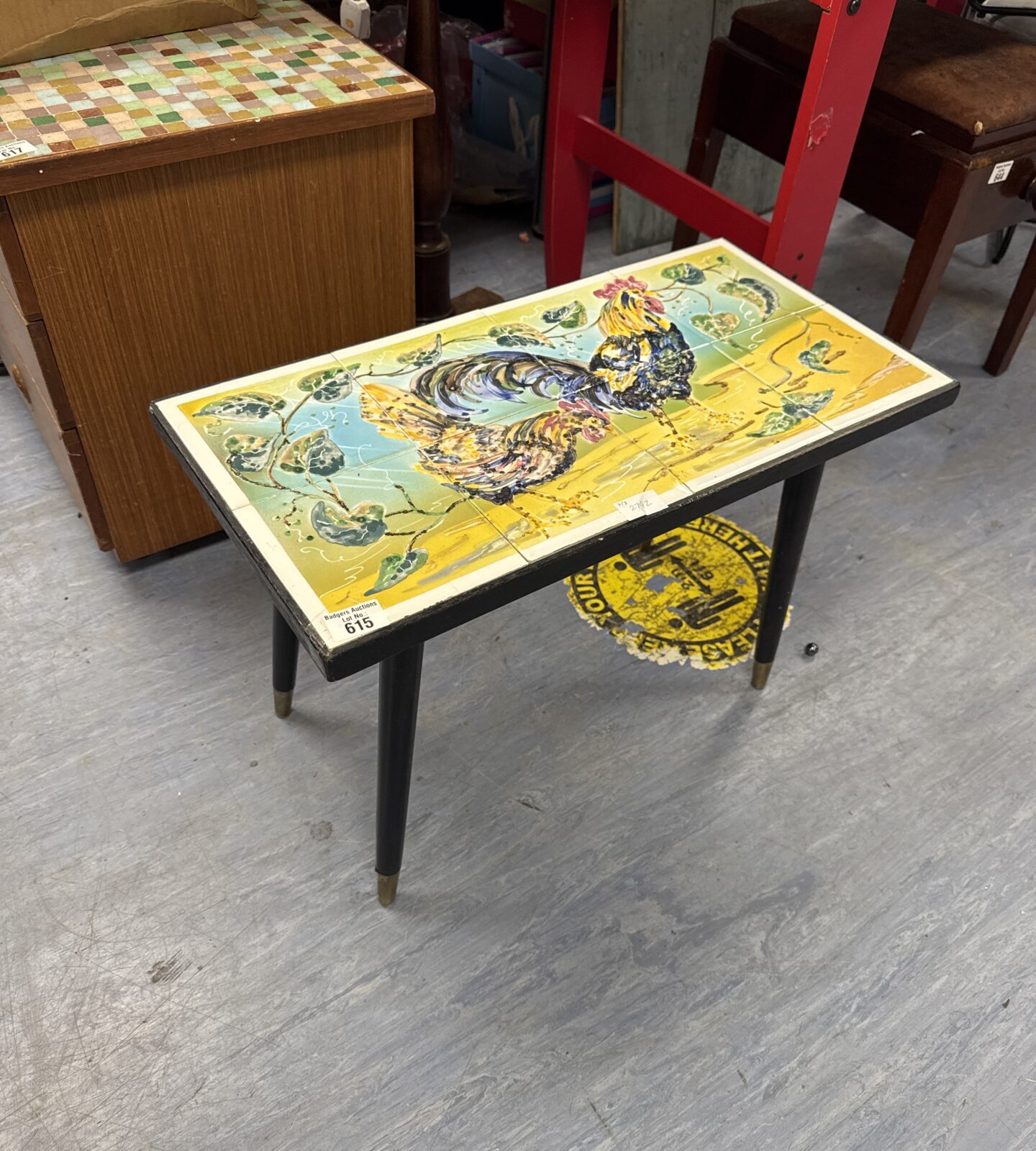 Small cockerel tile topped side table 24.5” length approx