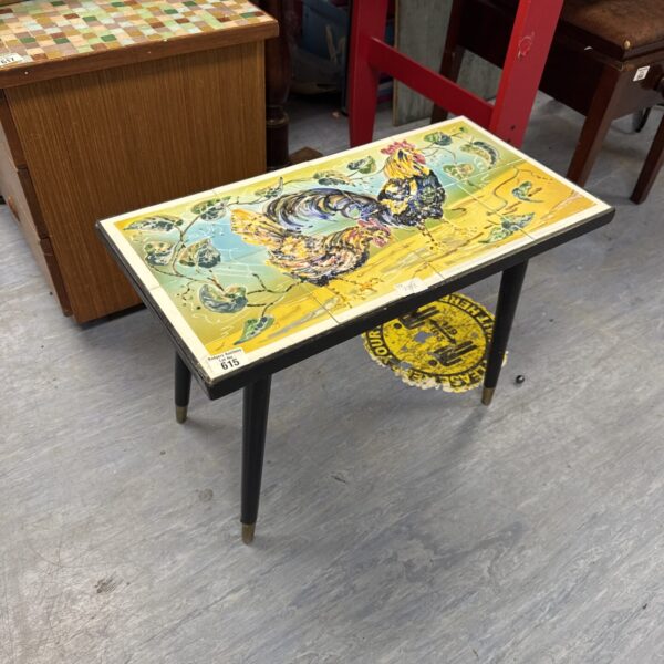 Small cockerel tile topped side table 24.5” length approx