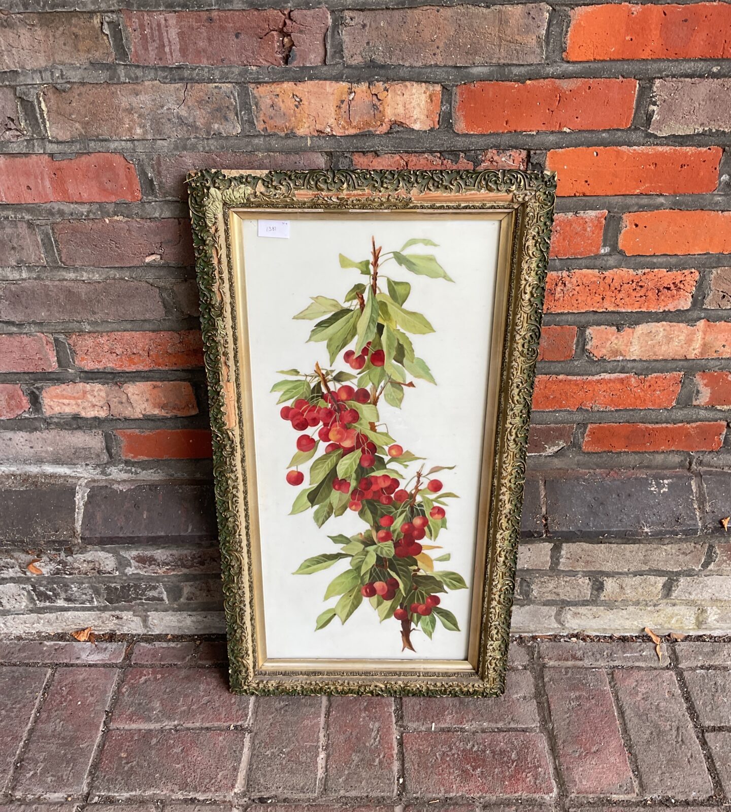 19th century oil painting on opaque glass study of cherries on a bough